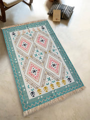 Exclusive Handmade Wool & Cotton Mirzapur Dhurrie Rug - Pastel Geometry