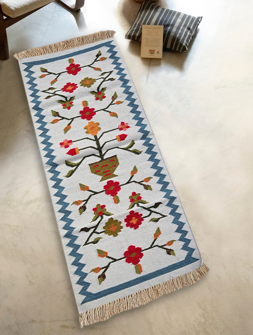 Exclusive Handmade Wool & Cotton Mirzapur Dhurrie Rug - Gulnaar Garden (6ft x 2ft)