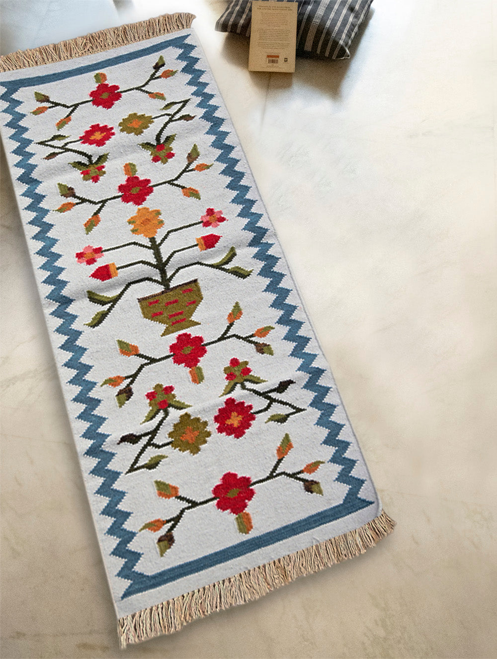 Exclusive Handmade Wool & Cotton Mirzapur Dhurrie Rug - Gulnaar Garden (6ft x 2ft)