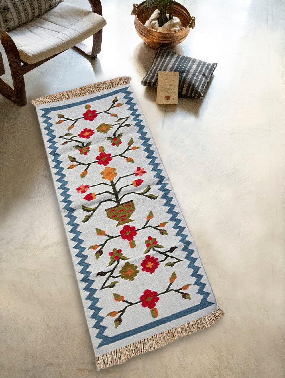 Exclusive Handmade Wool & Cotton Mirzapur Dhurrie Rug - Gulnaar Garden (6ft x 2ft)