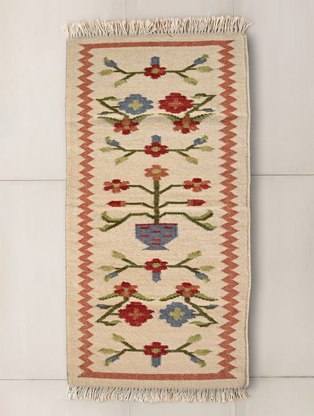 Exclusive Handmade Wool & Cotton Mirzapur Dhurrie Rug - Ivory Garden (6ft x 2ft)