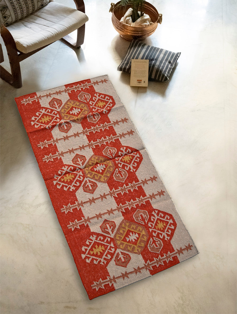 Exclusive Handmade Wool & Cotton Mirzapur Dhurrie Rug - Rust Loom Story (6ft x 2ft)