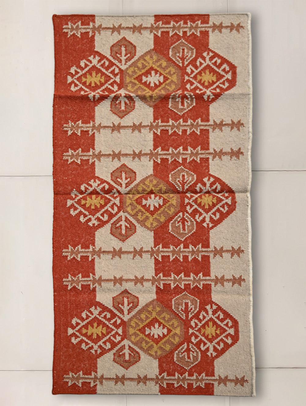 Exclusive Handmade Wool & Cotton Mirzapur Dhurrie Rug - Rust Loom Story (6ft x 2ft)