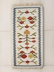 Exclusive Handmade Wool & Cotton Mirzapur Dhurrie Rug - Snow Garden (6ft x 2ft)