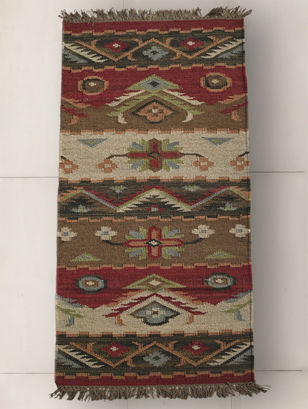 Exclusive Handmade Woolen Mirzapur Dhurrie Rug - Red Forest (6ft x 2ft)