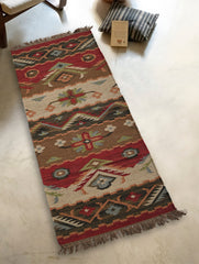 Exclusive Handmade Woolen Mirzapur Dhurrie Rug - Red Forest (6ft x 2ft)