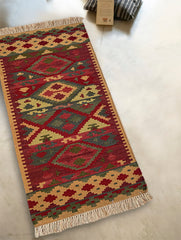 Exclusive Handmade Wool & Cotton Mirzapur Dhurrie Rug - Red Hues (6ft x 2ft)