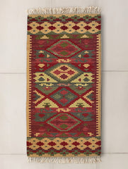 Exclusive Handmade Wool & Cotton Mirzapur Dhurrie Rug - Red Hues (6ft x 2ft)