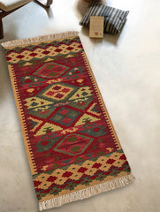 Exclusive Handmade Wool & Cotton Mirzapur Dhurrie Rug - Red Hues (6ft x 2ft)