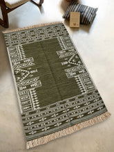 Exclusive Handmade Wool & Cotton Mirzapur Dhurrie Rug - Olive Acres (5ft x 3ft)
