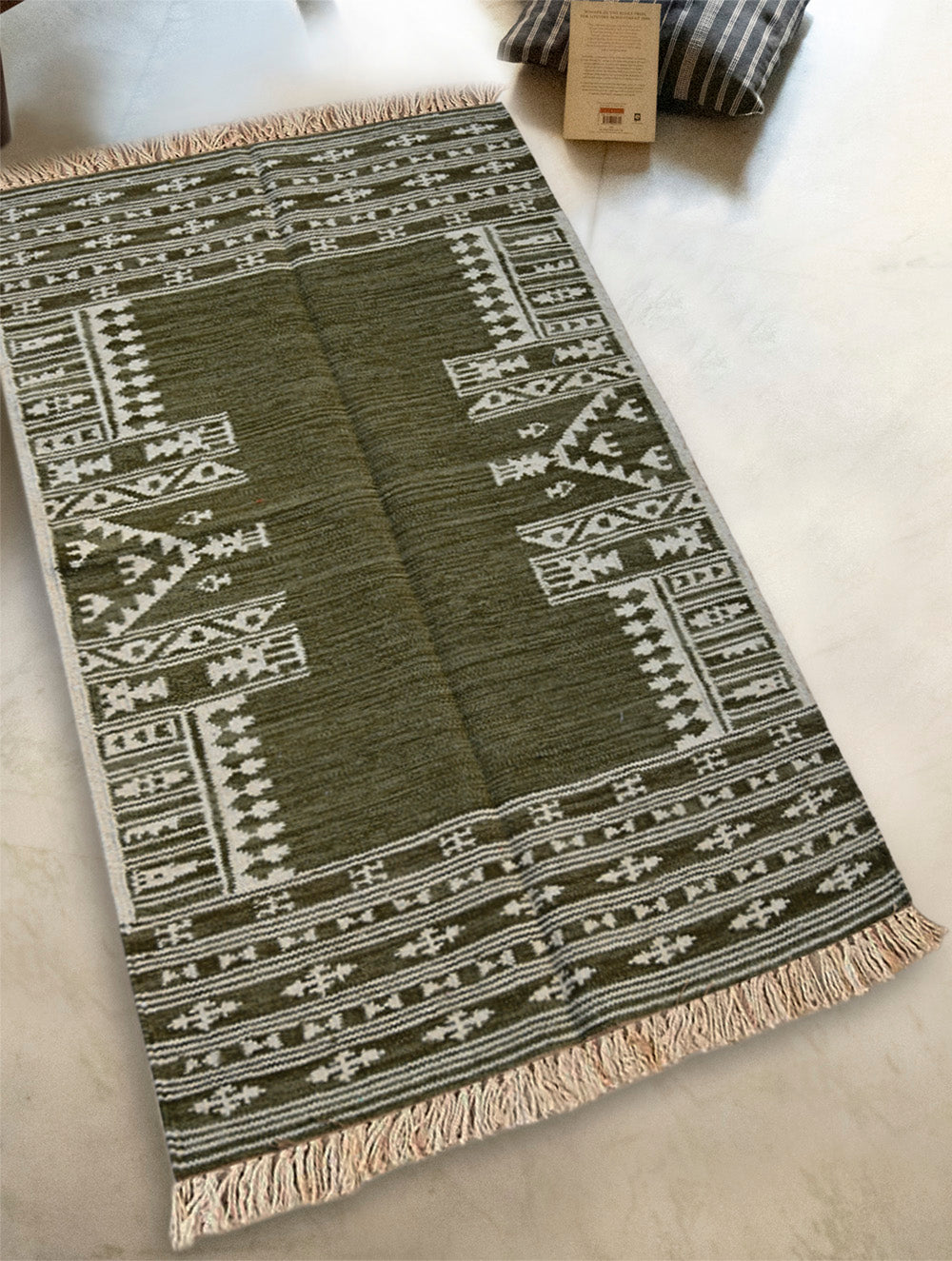 Exclusive Handmade Wool & Cotton Mirzapur Dhurrie Rug - Olive Acres (5ft x 3ft)