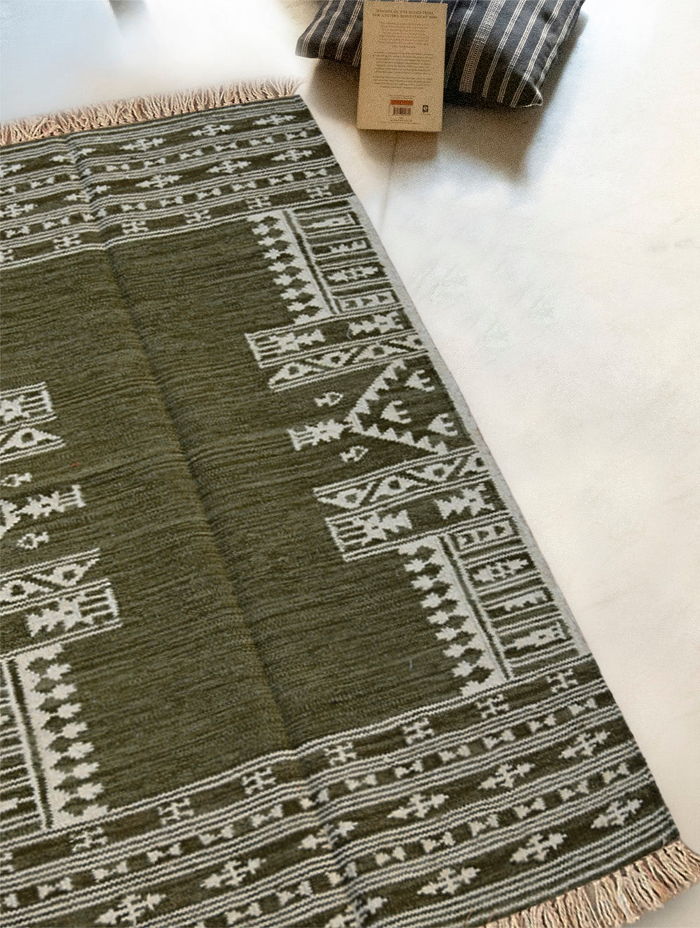Exclusive Handmade Wool & Cotton Mirzapur Dhurrie Rug - Olive Acres (5ft x 3ft)