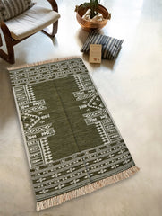 Exclusive Handmade Wool & Cotton Mirzapur Dhurrie Rug - Olive Acres (5ft x 3ft)
