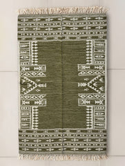 Exclusive Handmade Wool & Cotton Mirzapur Dhurrie Rug - Olive Acres (5ft x 3ft)