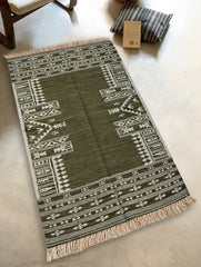 Exclusive Handmade Wool & Cotton Mirzapur Dhurrie Rug - Olive Acres (5ft x 3ft)