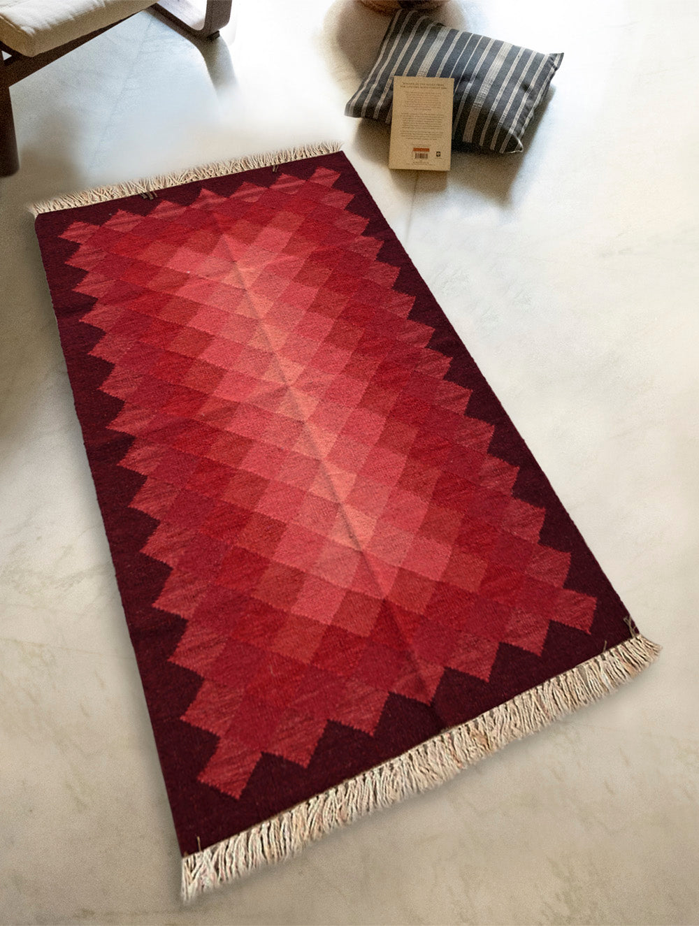 Exclusive Handmade Wool & Cotton Mirzapur Dhurrie Rug - Gulaabi Spectrum (5ft x 3ft)