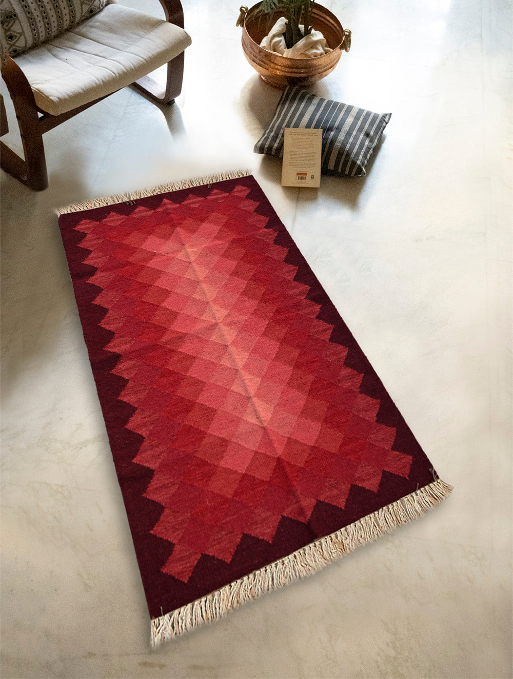 Exclusive Handmade Wool & Cotton Mirzapur Dhurrie Rug - Gulaabi Spectrum (5ft x 3ft)