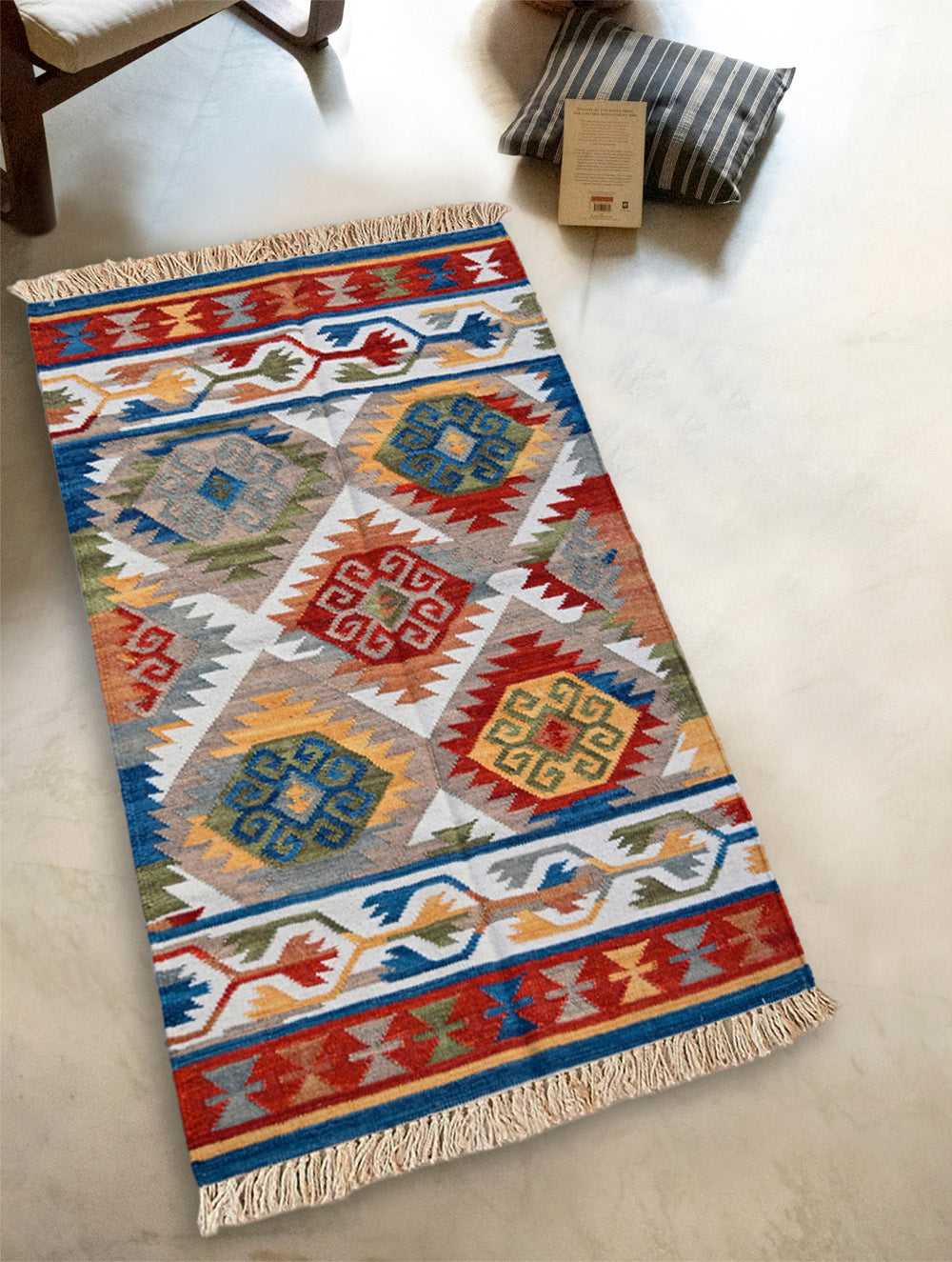 Exclusive Handmade Wool & Cotton Mirzapur Dhurrie Rug - Rangjaal (5ft x 3ft)