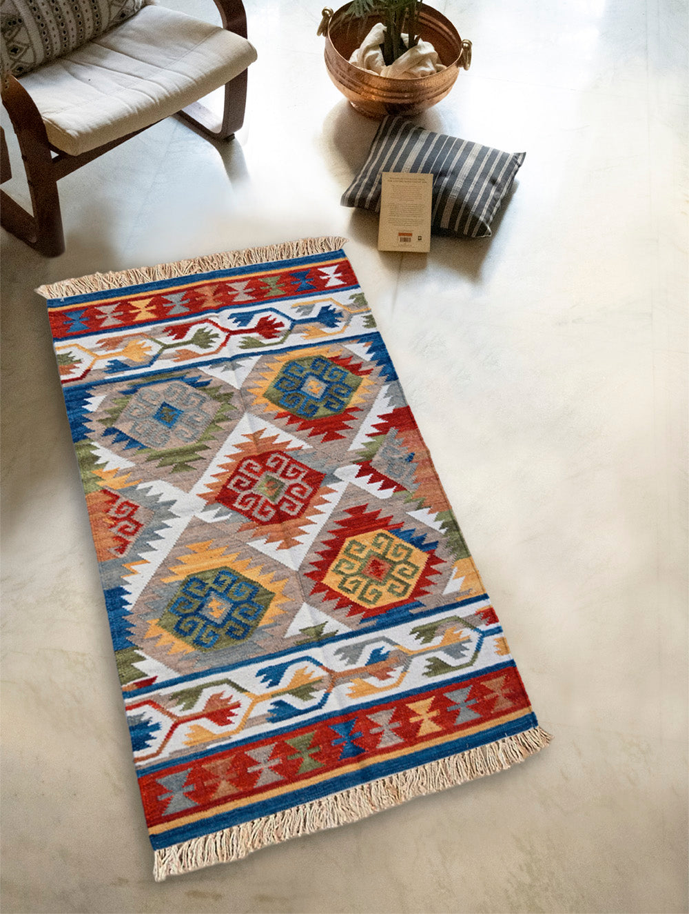 Exclusive Handmade Wool & Cotton Mirzapur Dhurrie Rug - Rangjaal (5ft x 3ft)
