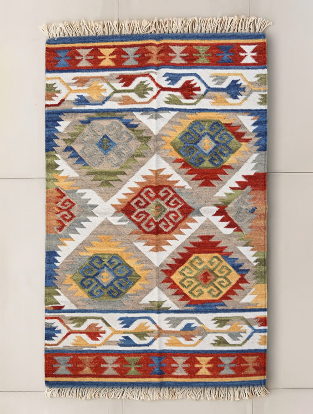 Exclusive Handmade Wool & Cotton Mirzapur Dhurrie Rug - Rangjaal (5ft x 3ft)