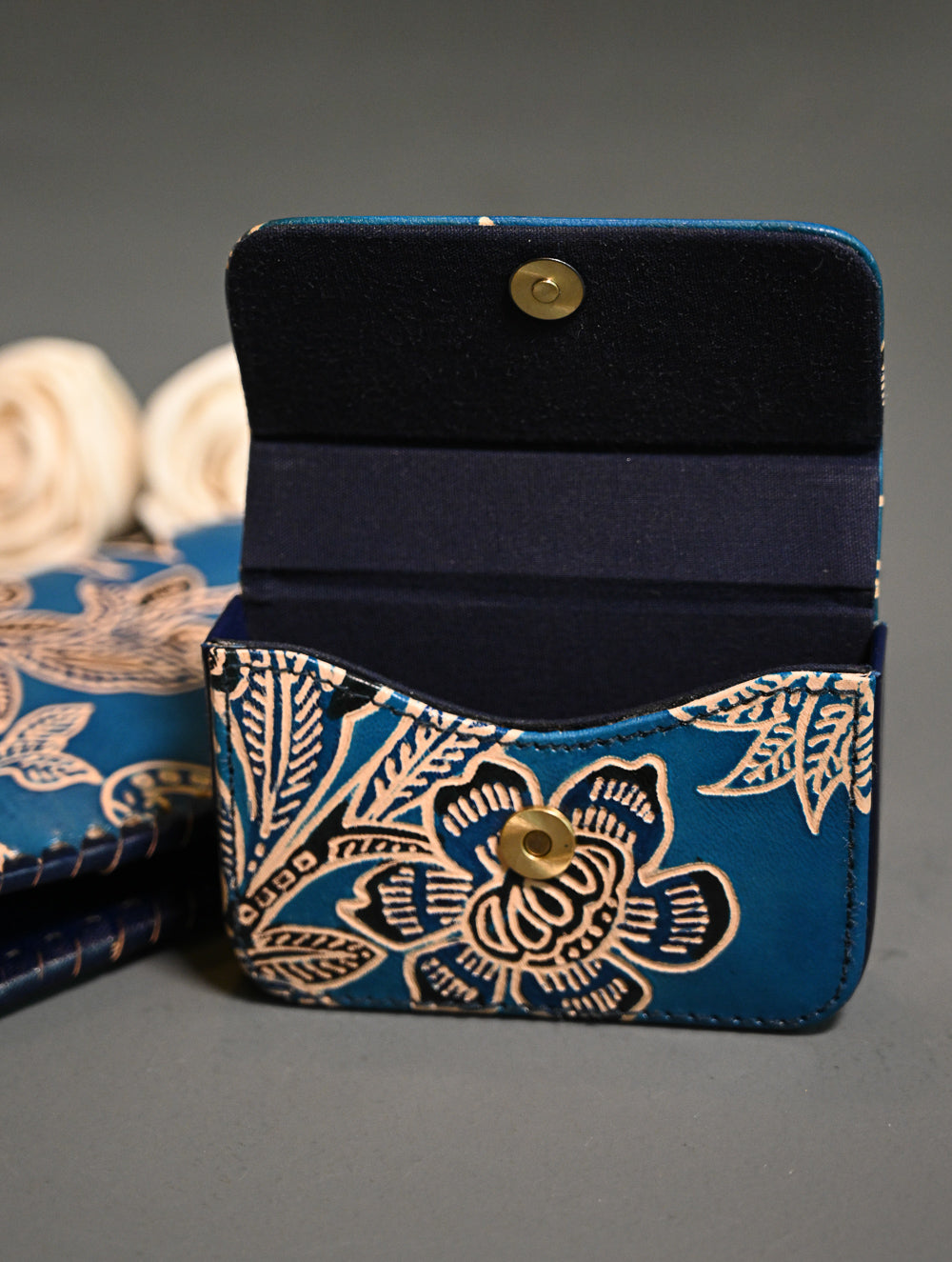 The Traveller’s Collection: Embossed Leather Wallet Set - Blue Flowers (Set of 2).