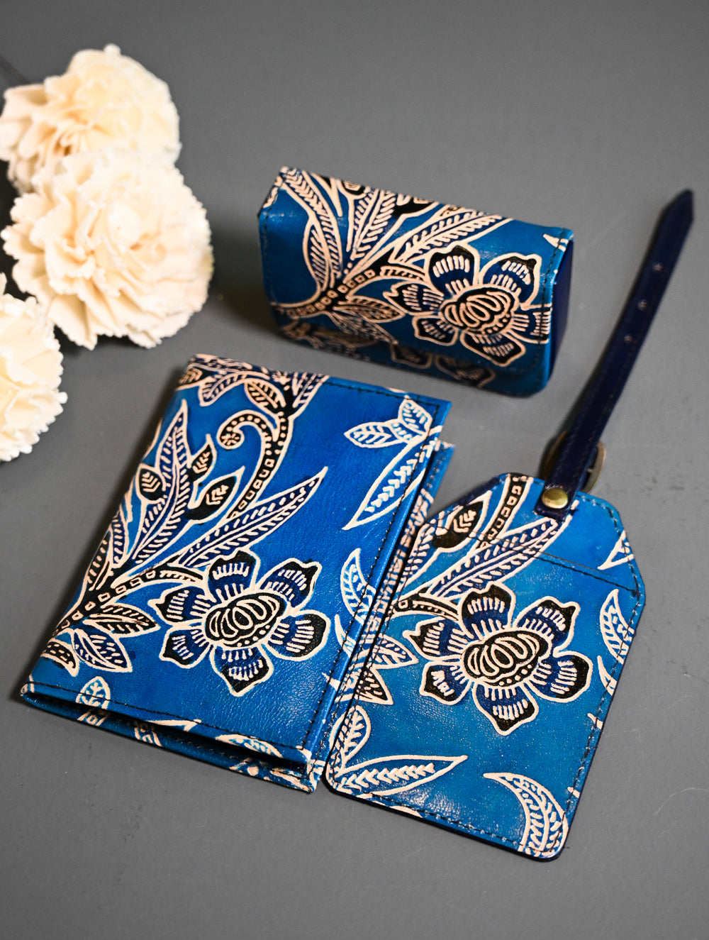 The Traveller’s Collection: Embossed Leather Travel Trio - Blue Flowers (Set of 3)