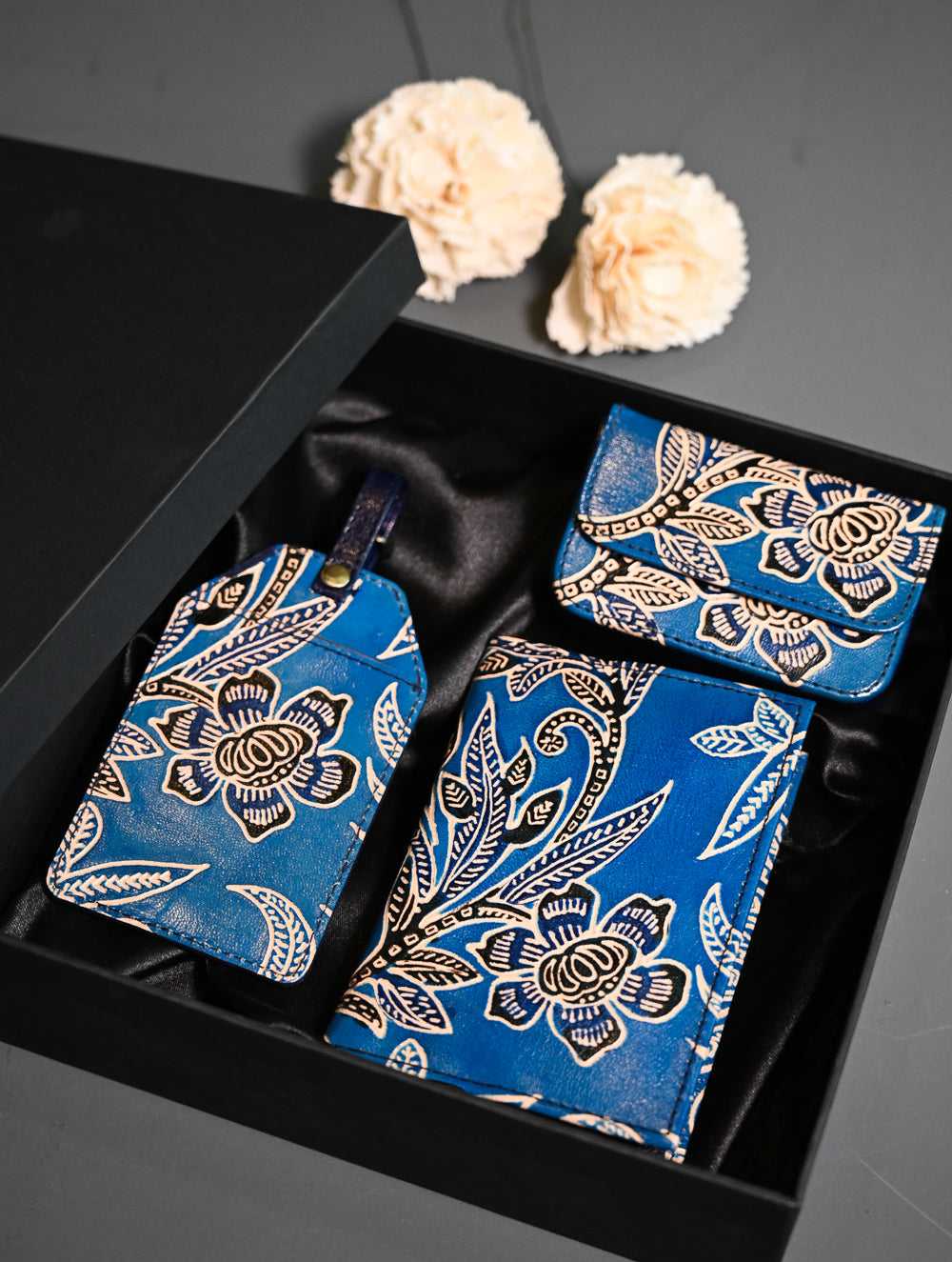 The Traveller’s Collection: Embossed Leather Travel Trio - Blue Flowers (Set of 3)