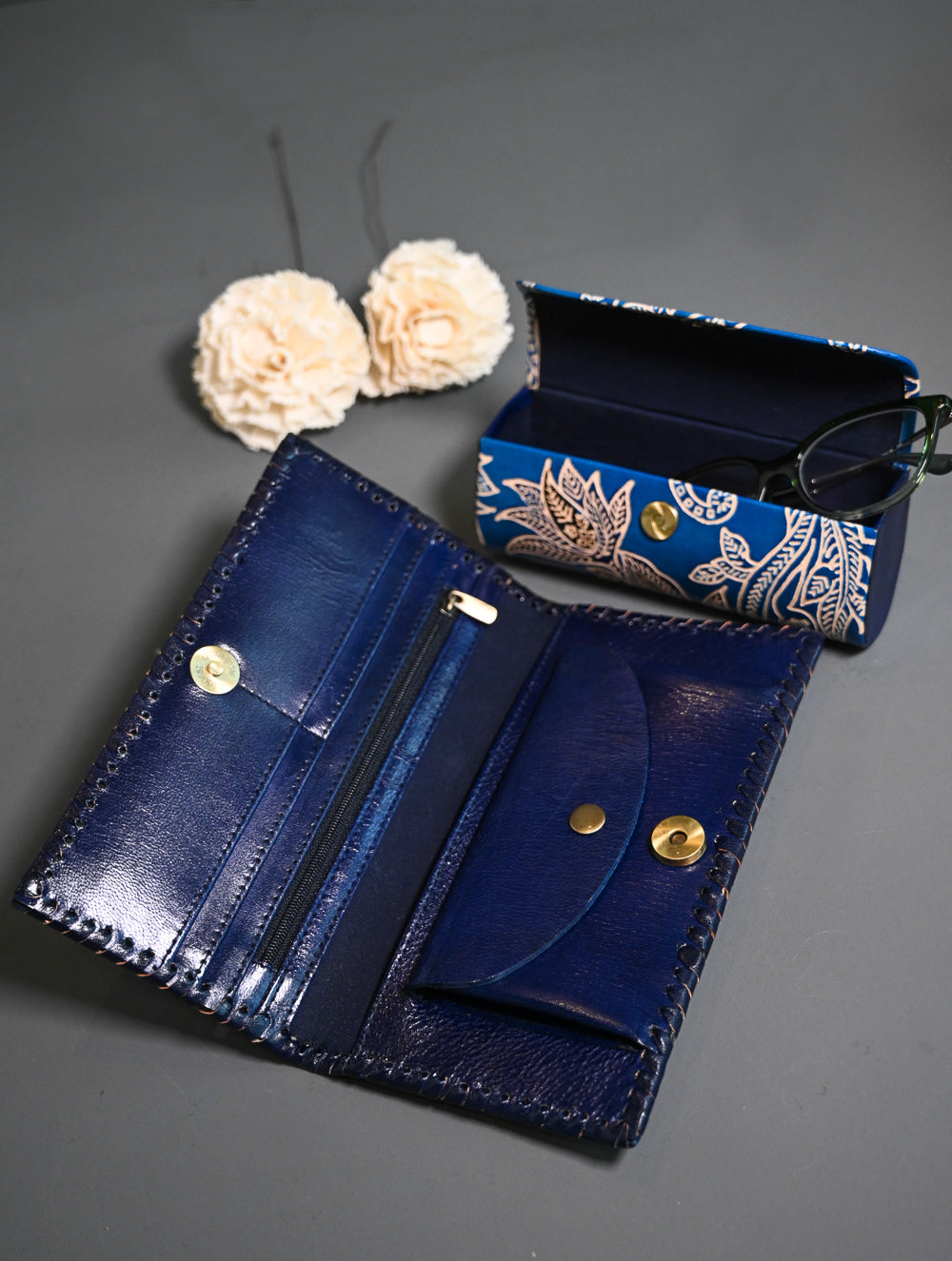 The Traveller’s Collection: Embossed Leather Travel Duo - Blue Flowers (Set of 2)