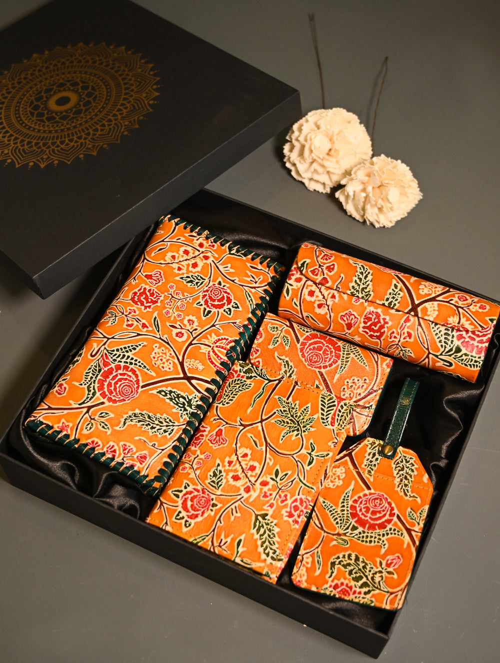 The Traveller’s Collection: Embossed Leather Executive Travel Gift Set - Marigold Bloom (Set of 5)