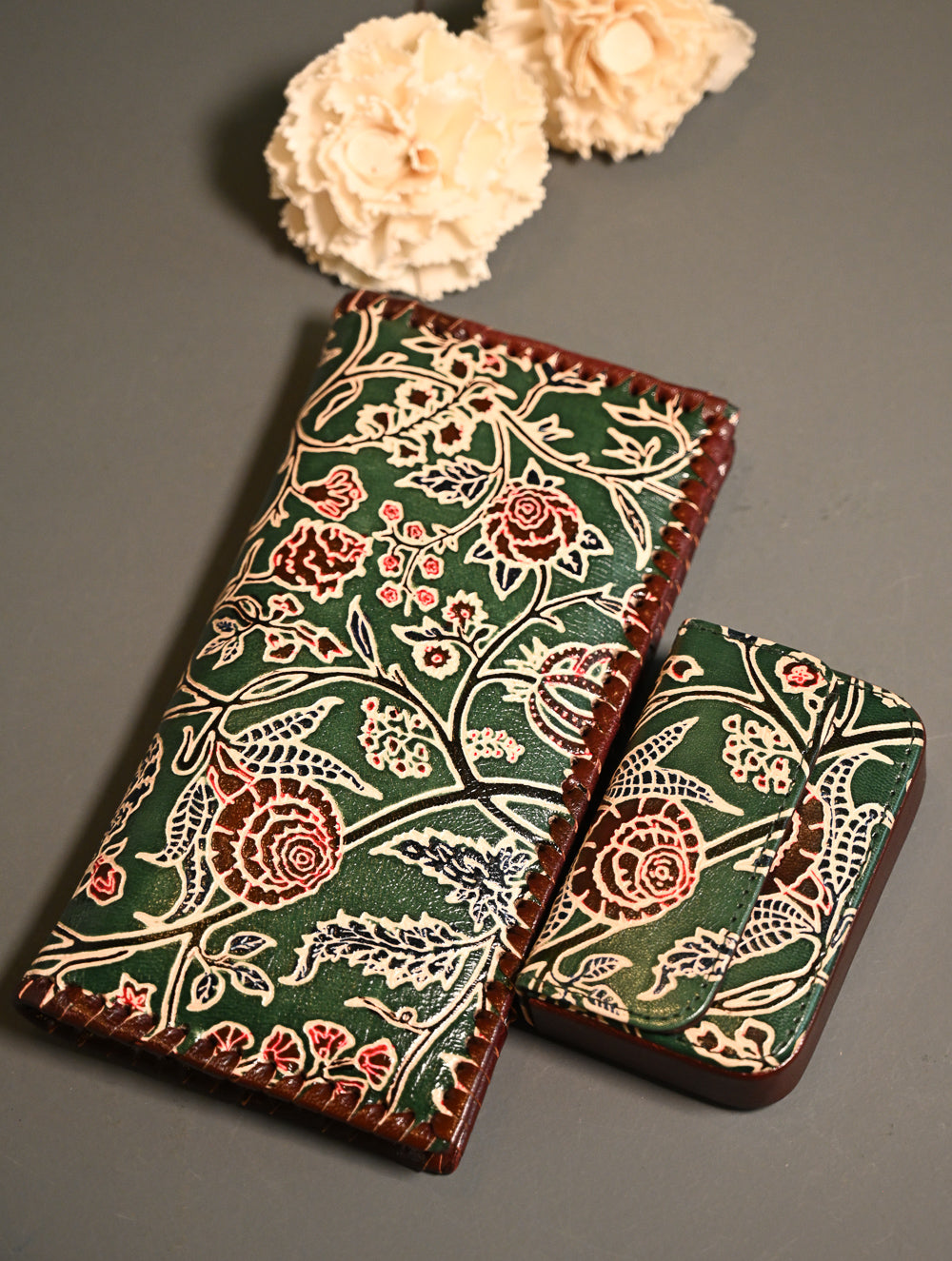 The Traveller’s Collection: Embossed Leather Wallet Set - Emerald Garden (Set of 2)