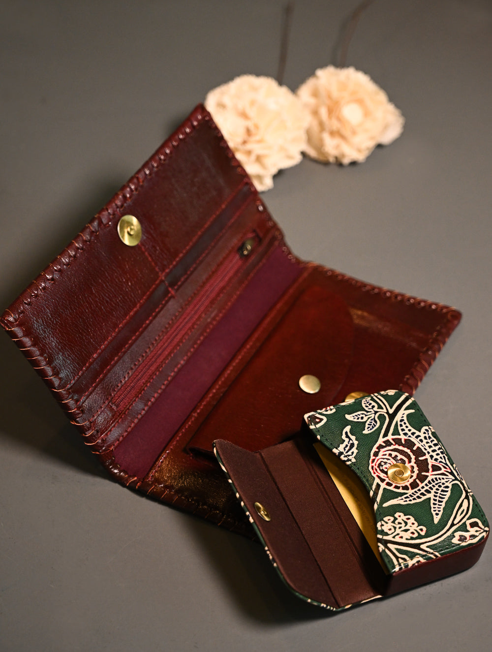 The Traveller’s Collection: Embossed Leather Wallet Set - Emerald Garden (Set of 2)