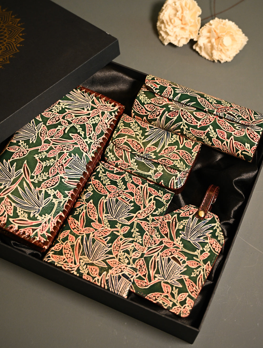 The Traveller’s Collection: Embossed Leather Executive Travel Gift Set - Forest Flora (Set of 5)