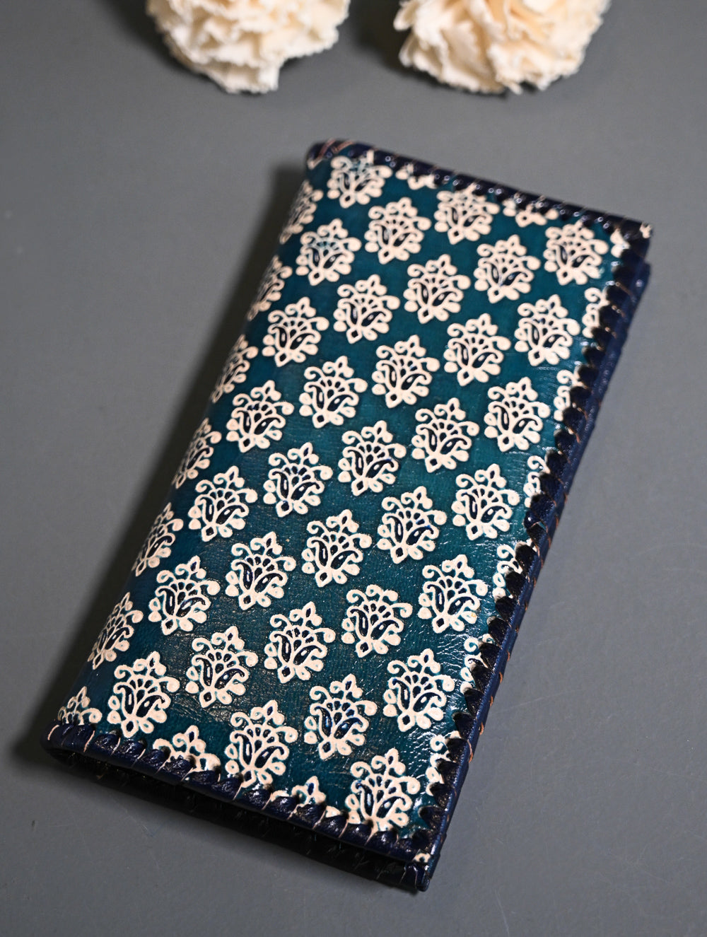 The Traveller’s Collection: Embossed Leather Wallet - Teal Buti