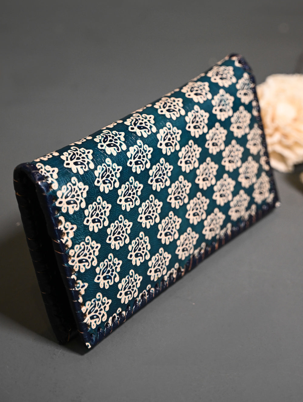 The Traveller’s Collection: Embossed Leather Wallet - Teal Buti