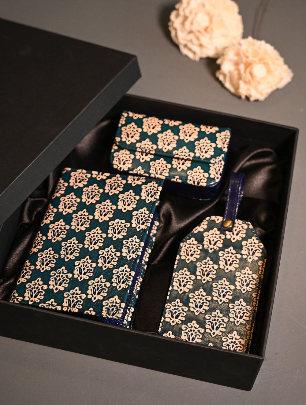 The Traveller’s Collection: Embossed Leather Travel Trio - Teal Buti (Set of 3)