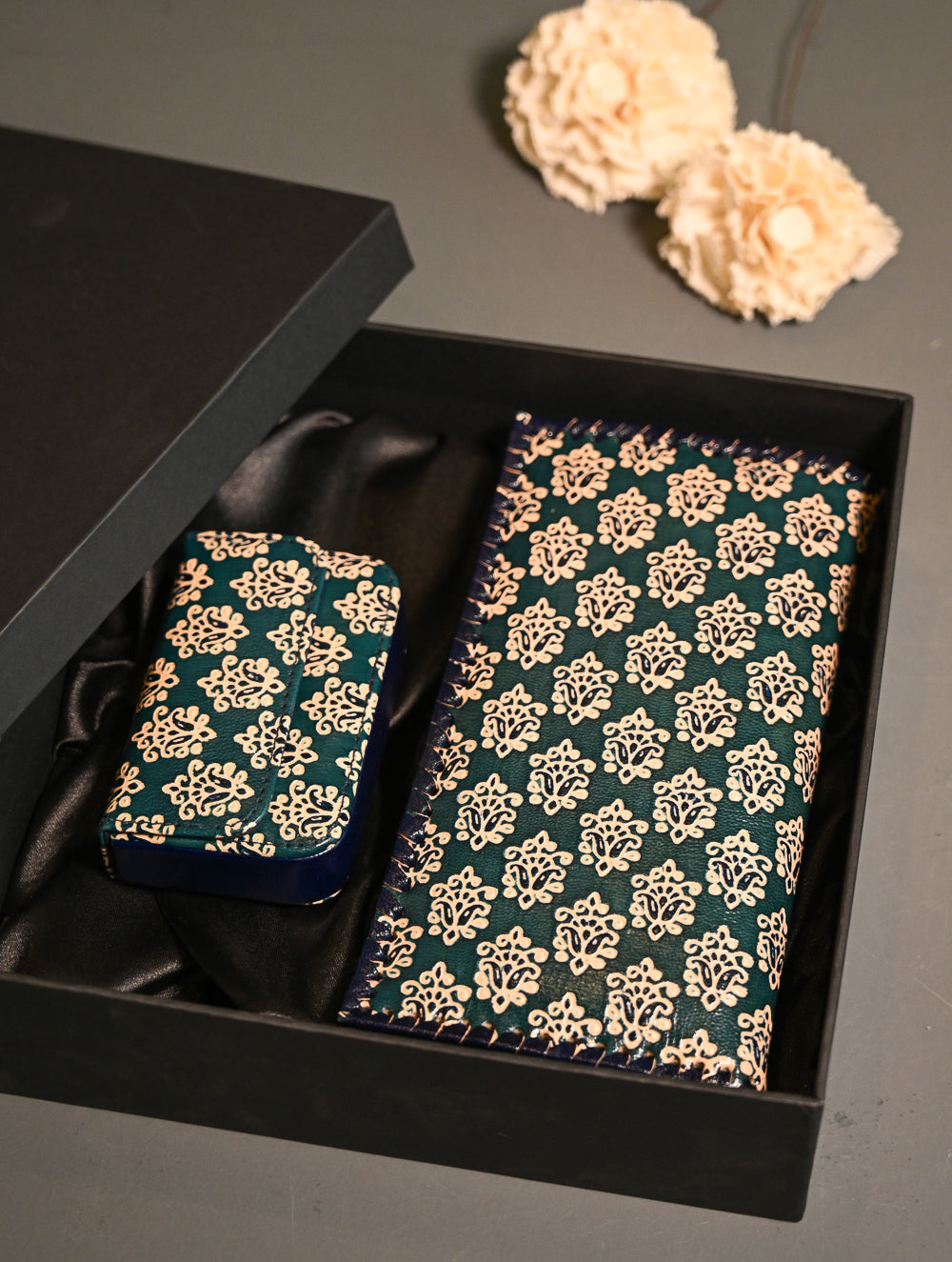 The Traveller’s Collection: Embossed Leather Wallet Set - Teal Buti (Set of 2)