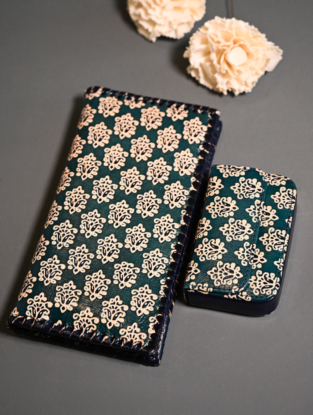 The Traveller’s Collection: Embossed Leather Wallet Set - Teal Buti (Set of 2)