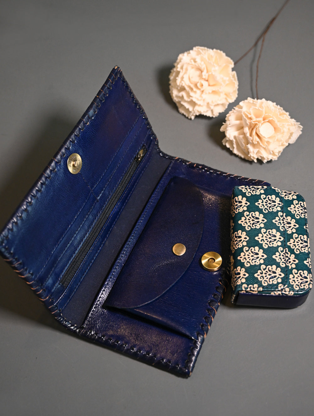 The Traveller’s Collection: Embossed Leather Wallet Set - Teal Buti (Set of 2)