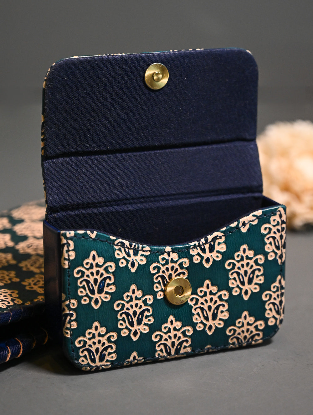 The Traveller’s Collection: Embossed Leather Wallet Set - Teal Buti (Set of 2)
