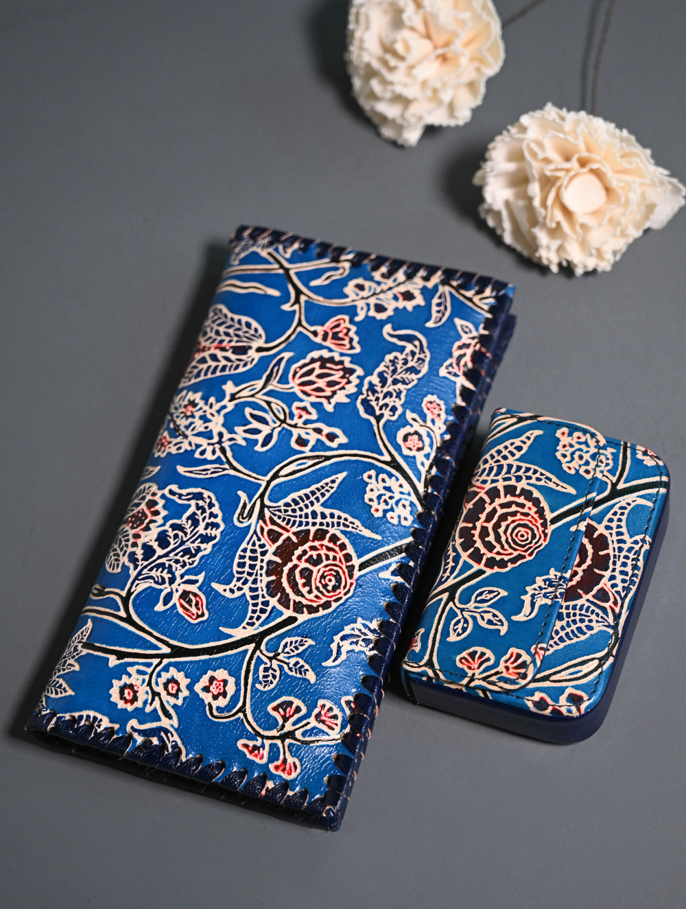 The Traveller’s Collection: Embossed Leather Wallet Set - Azure Garden (Set of 2)