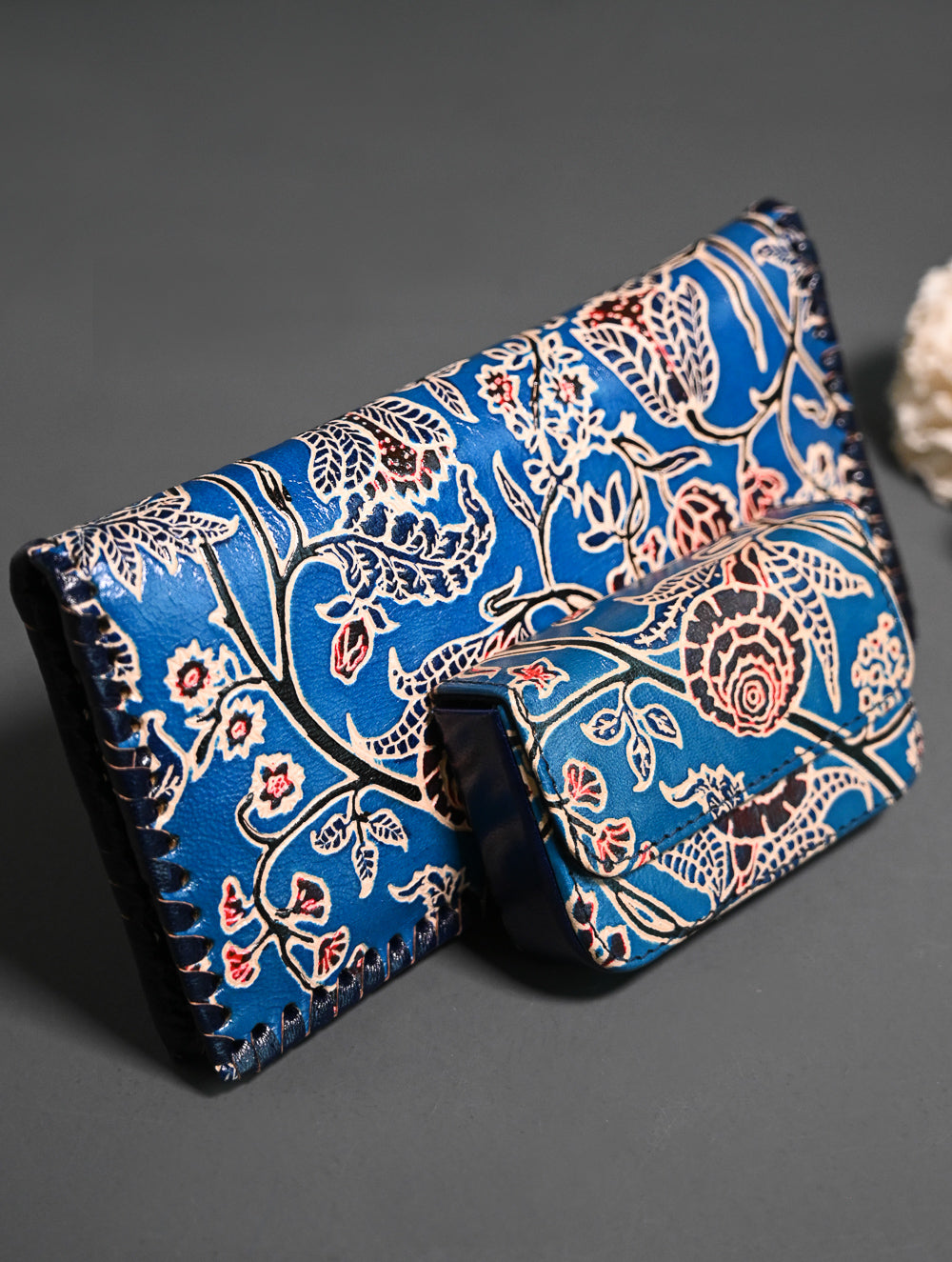 The Traveller’s Collection: Embossed Leather Wallet Set - Azure Garden (Set of 2)