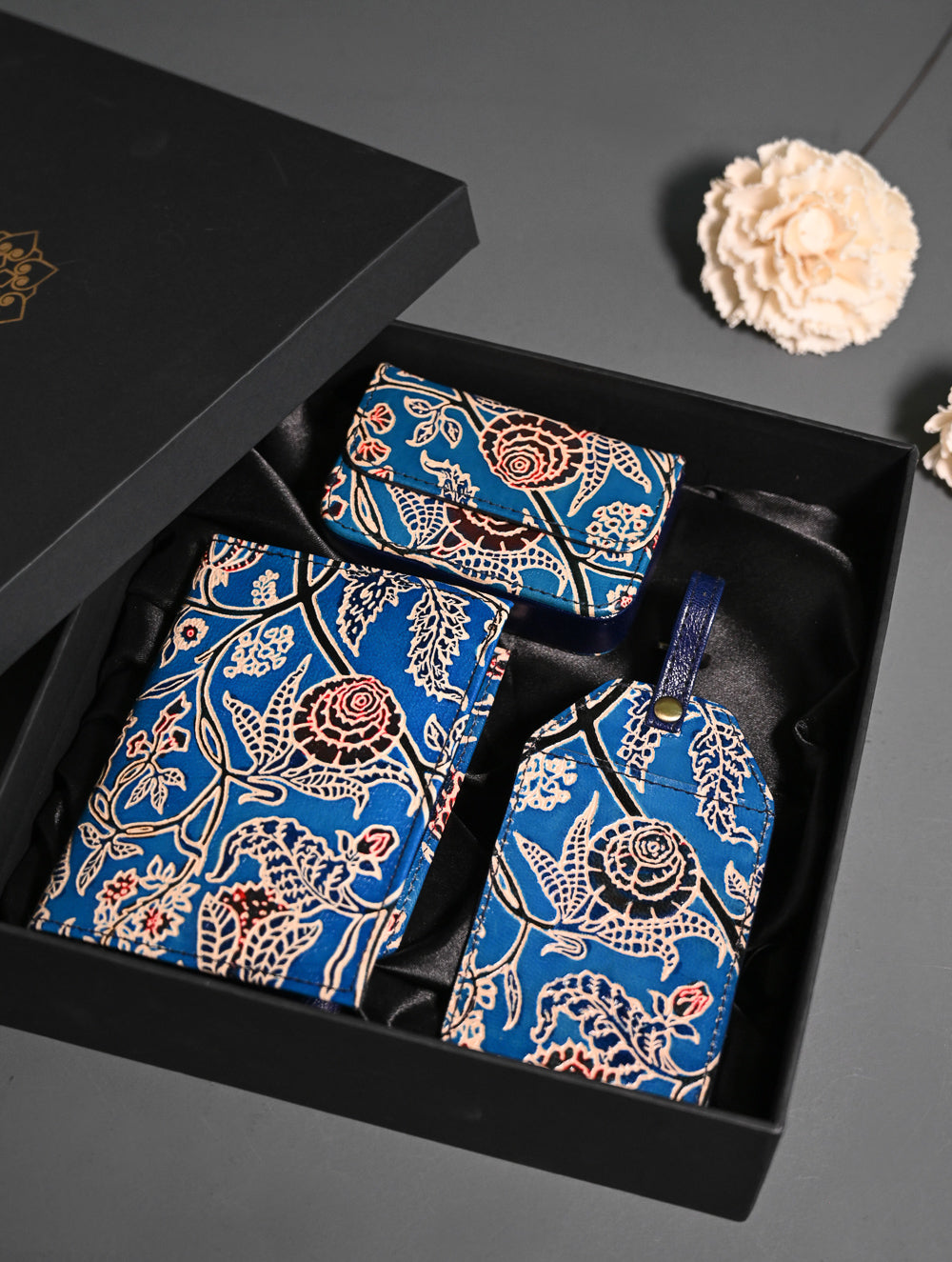 The Traveller’s Collection: Embossed Leather Travel Trio - Azure Garden (Set of 3)