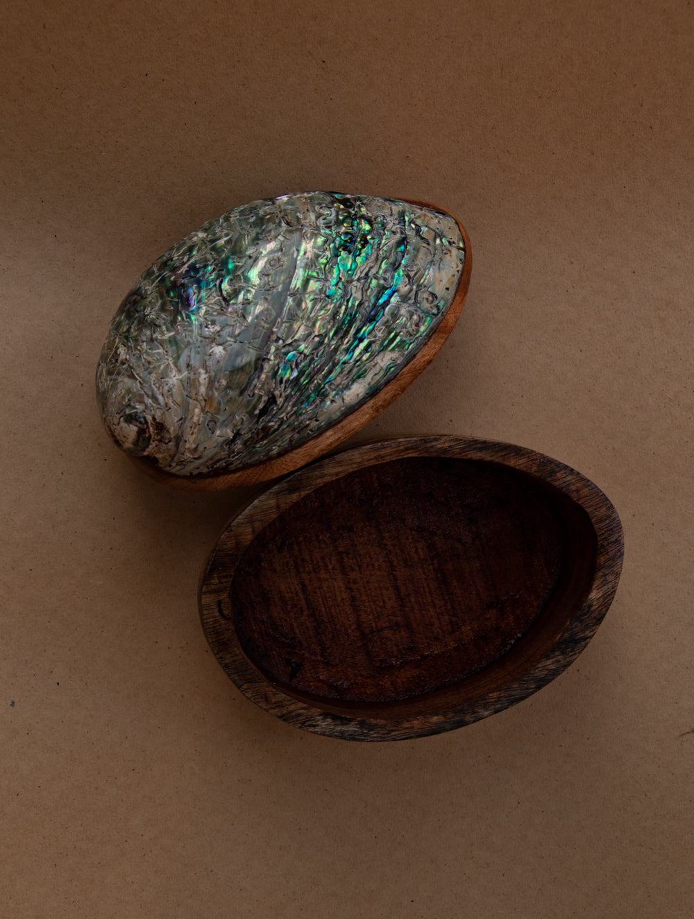 Abalone Shell Craft Multi-Utility Decorative Box (Oval; Rustic Wooden Base)