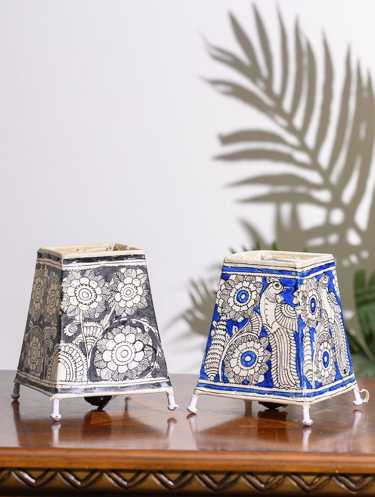 Andhra Leather Craft Lamp Shade, Small (6"x 4"/ Set of 2) - Black & Blue Peacocks