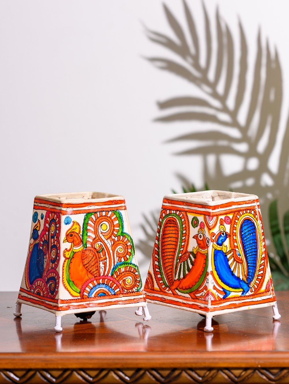 Load image into Gallery viewer, Andhra Leather Craft Lamp Shade, Small (6&quot;x 4&quot;/ Set of 2) - Peacocks