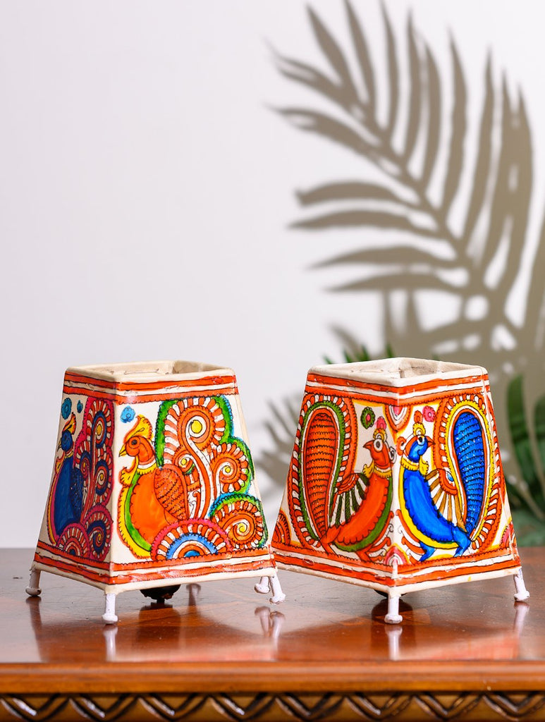 Andhra Leather Craft Lamp Shade, Small (6"x 4"/ Set of 2) - Peacocks