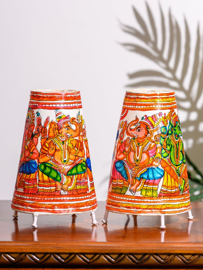 Andhra Leather Craft Lamp Shade, Small (9" x 6"/ Set of 2) - Ganesha