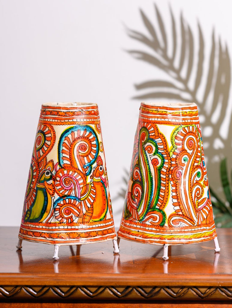 Andhra Leather Craft Lamp Shade, Small (9" x 6"/ Set of 2) - Peacocks