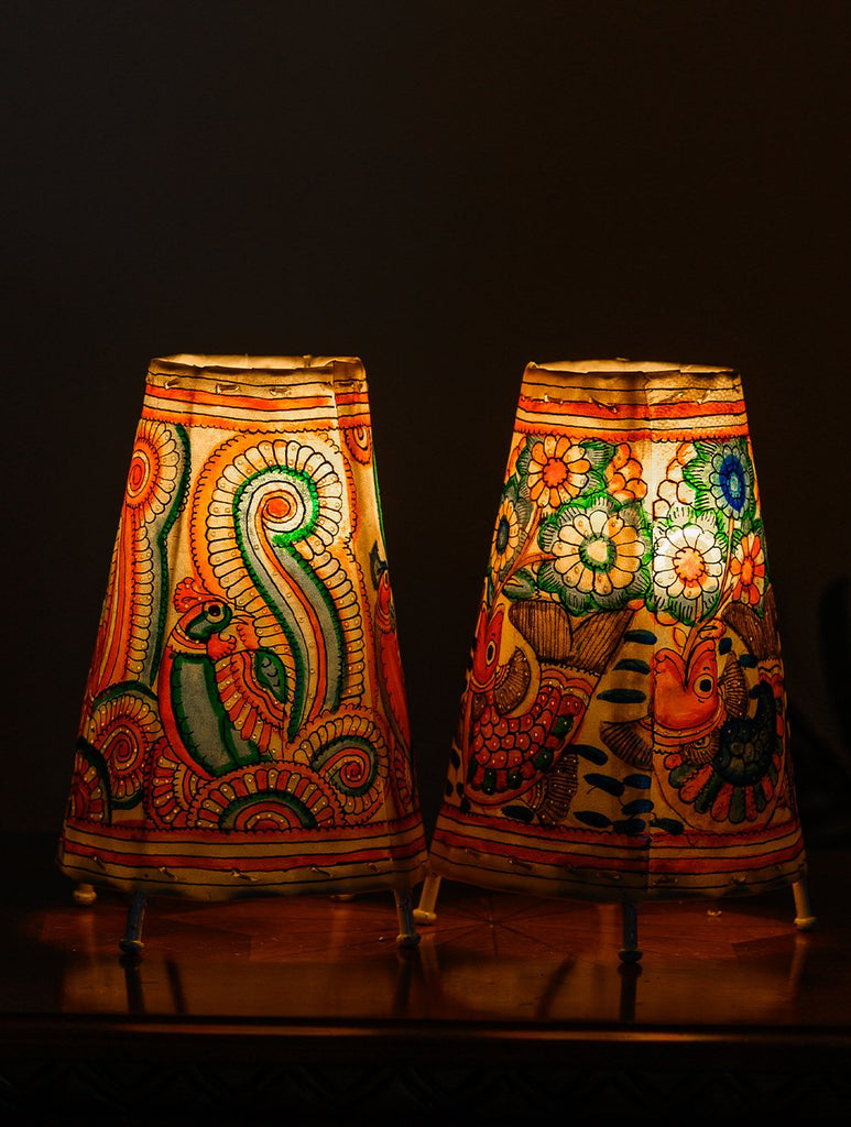 Andhra Leather Craft Lamp Shade, Small (9"x 6"/ Set of 2) - Fish & Peacocks