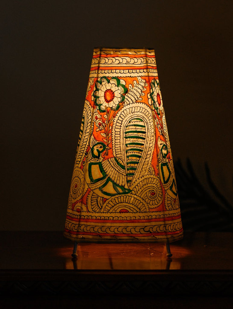 Andhra Leather Craft Table Lamp Shade, Medium (13"x 8") - Orange Peacock